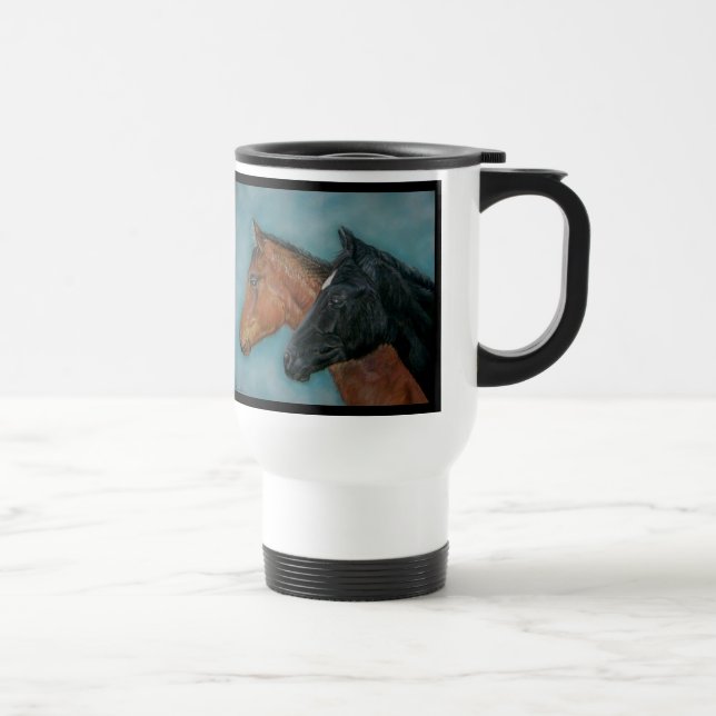 black foal chestnut colt horses portrait equine travel mug (Right)