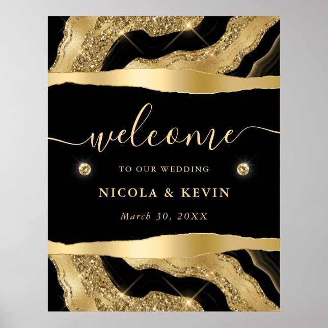 Black Foil and Gold Glitter Agate Wedding Welcome Poster (Front)