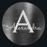 Black Foil Girly Metallic Monogrammed Wedding Classic Round Sticker<br><div class="desc">Modern and Elegant Black Faux Girly Metallic Stainless Steel Foil Birthday,  Bridal Shower,  Baby Shower or Wedding Envelope or Favour Seal Sticker. This sticker can be customised to include your initial and first name for a gift package.</div>