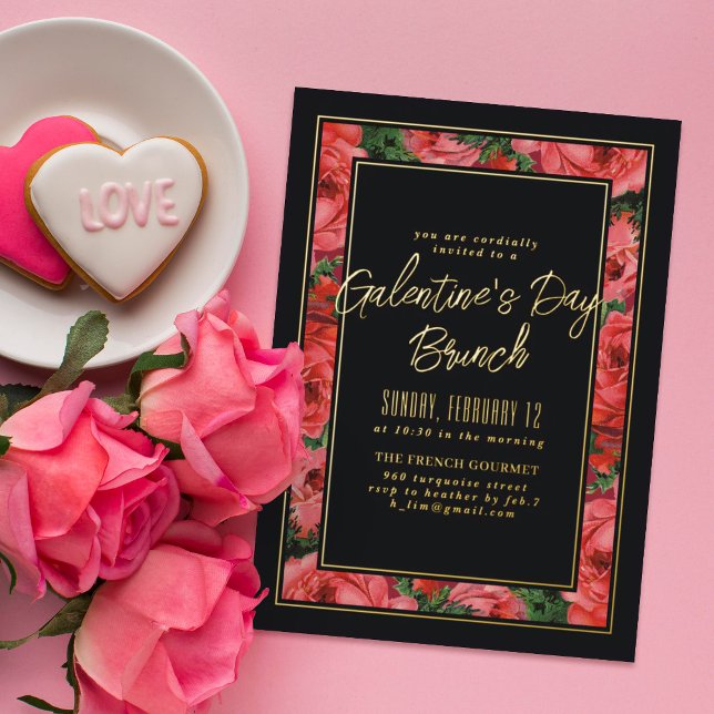 Black Foil Rose Frame Galentine's Day Invitation (Creator Uploaded)