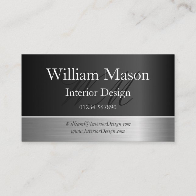 Black Foil & Steel Effect, Monogram Business Card (Front)