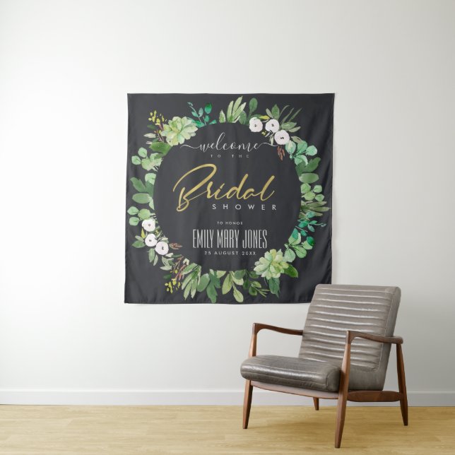 BLACK FOLIAGE WATERCOLOR  BRIDAL SHOWER WELCOME TAPESTRY (In Situ)