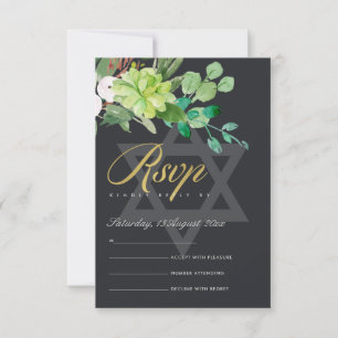 BLACK FOLIAGE WREATH STAR BAR BAT MITZVAH RSVP CARD