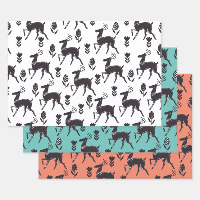 Black Folk Art Deer Trio III Wrapping Paper Sheet (Set)