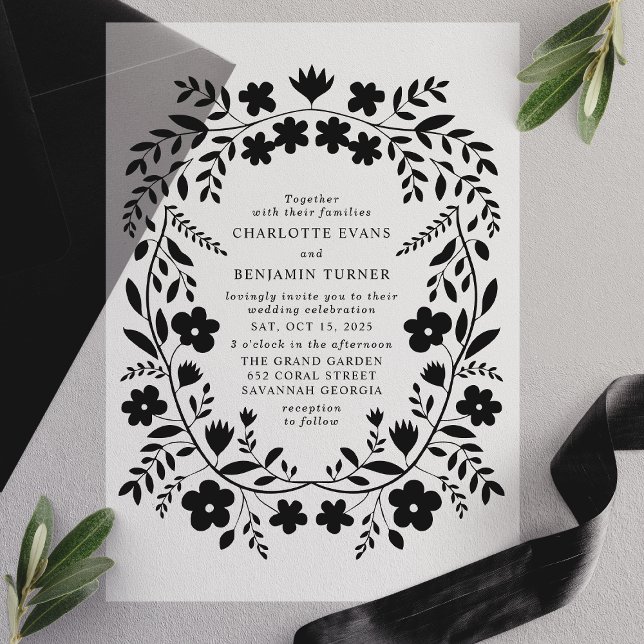 Black Folk Art Floral Frame Wedding  Vellum Invitations (Creator Uploaded)