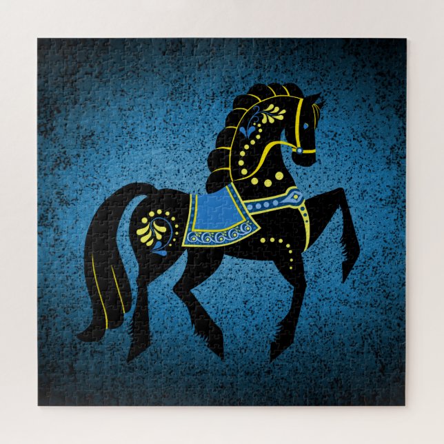 Black folk Friesian/frisian horse stallion in blue Jigsaw Puzzle (Horizontal)