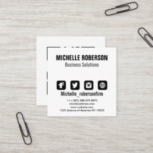 Black font,qr code and symbols on white background square business card