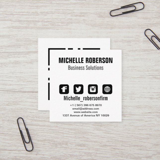 Black font,qr code and symbols on white background square business card (Front/Back In Situ)