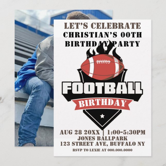 Black Football Photo Birthday Party Invites (Front/Back)