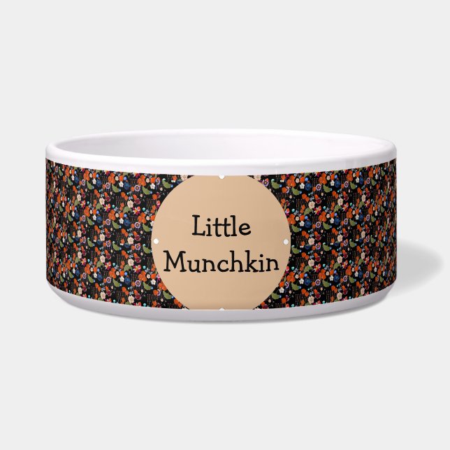 Black & Foral Pattern with Monogram Dog Bowl (Front)