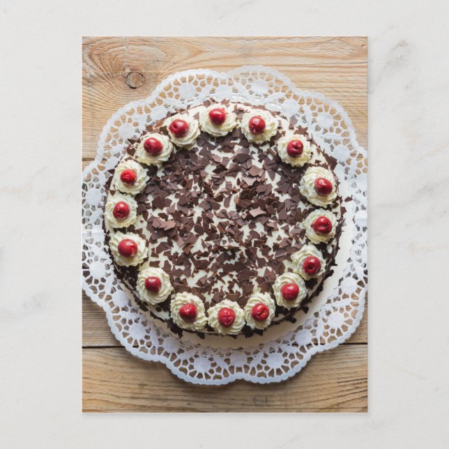 Black Forest cake on rustic wood Postcard (Front)