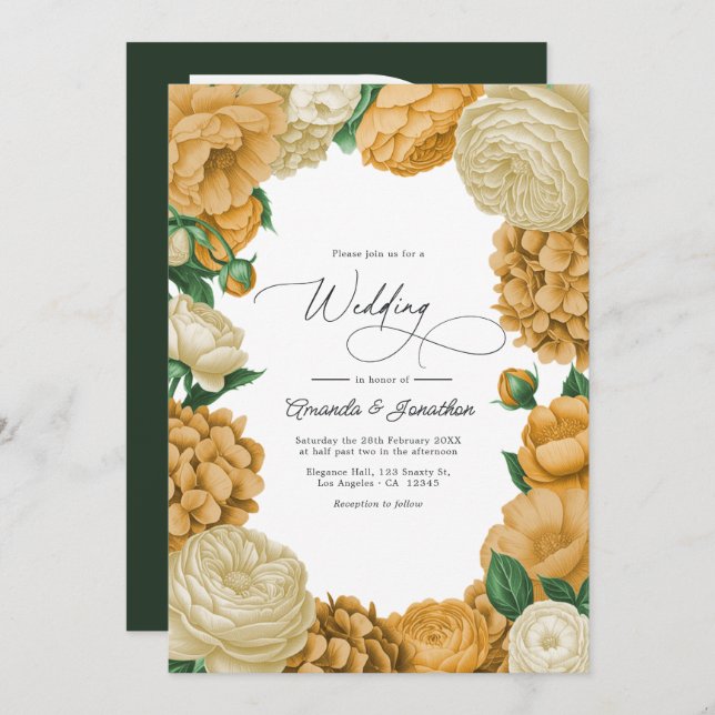 Black Forest Green, Ecru/Warm Honey Floral Wedding Invitation (Front/Back)