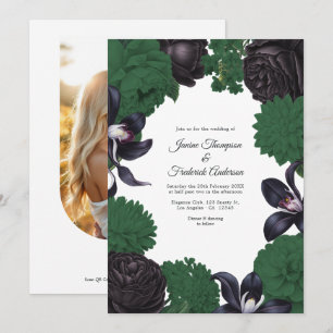 Black & Forest Green Photo/QR Code Floral Wedding Invitation