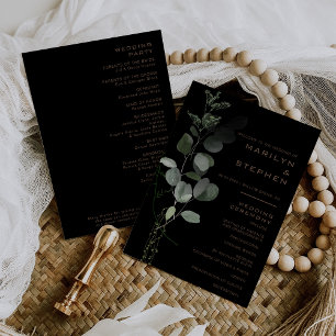 Black Formal Minimal Eucalyptus Wedding Program