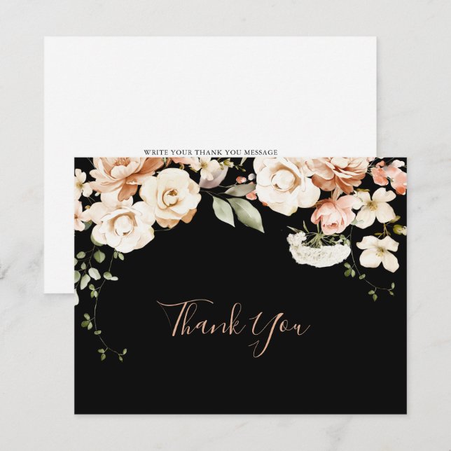 Black Formal Royal Floral Flat Wedding Thank You Card (Front/Back)