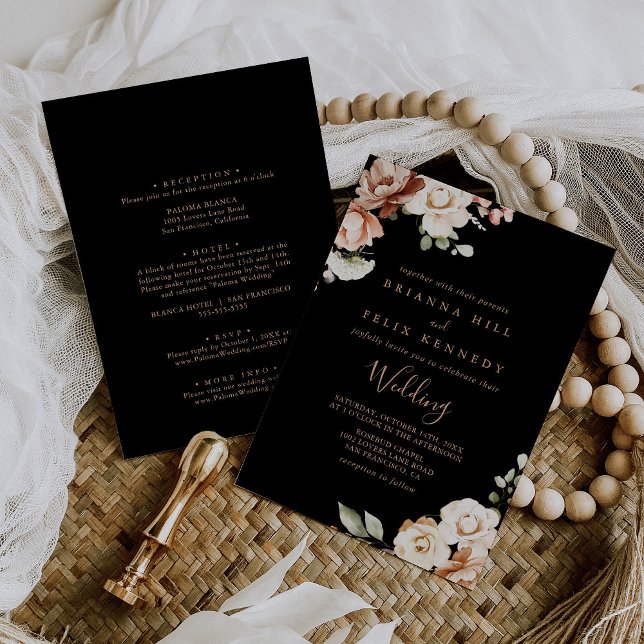 Black Formal Royal Floral Front & Back Wedding Invitation (Creator Uploaded)