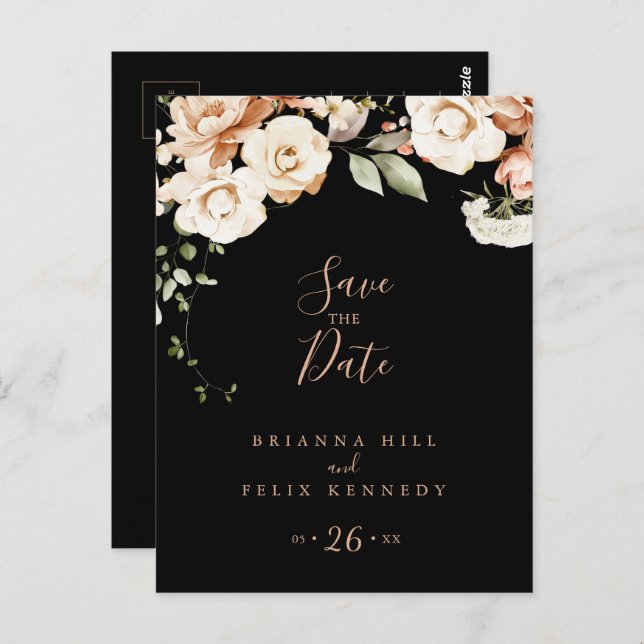 Black Formal Royal Floral Save the Date Postcard (Front/Back)