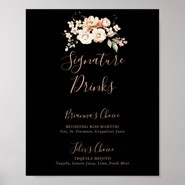 Black Formal Royal Floral Signature Drinks Sign (Front)