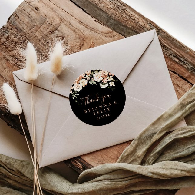 Black Formal Royal Floral Thank You Wedding Favour Classic Round Sticker (Creator Uploaded)