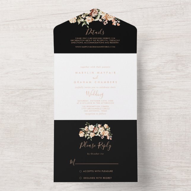Black Formal Royal Floral Wedding     All In One Invitation (Inside)