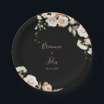 Black Formal Royal Floral Wedding Cake Paper Plate<br><div class="desc">This black formal royal floral wedding cake paper plate is perfect for a modern wedding reception. The design features watercolor pink,  blush,  and white elegant flowers with emerald green leaves.

Make it your own by adding the names of the bride and groom and wedding date.</div>
