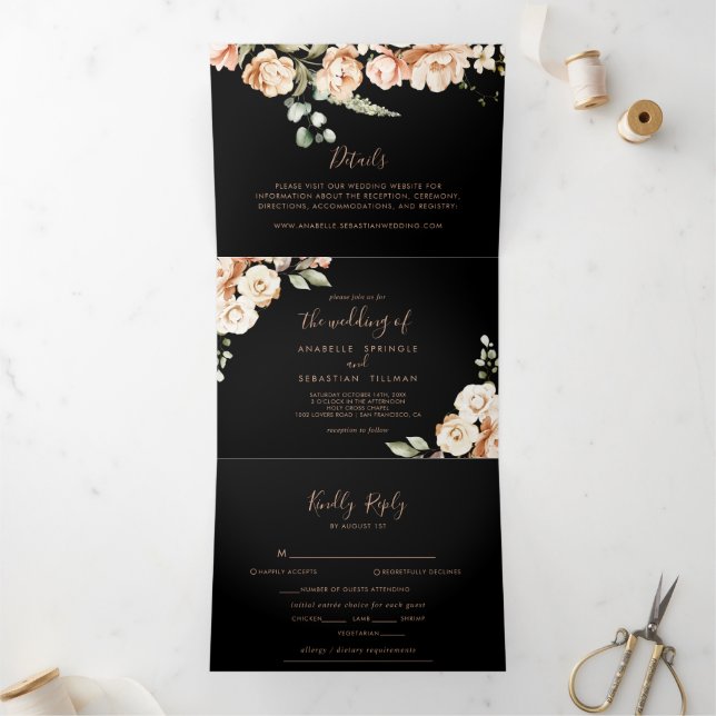 Black Formal Royal Floral Wedding Tri-Fold Invitation (Inside)