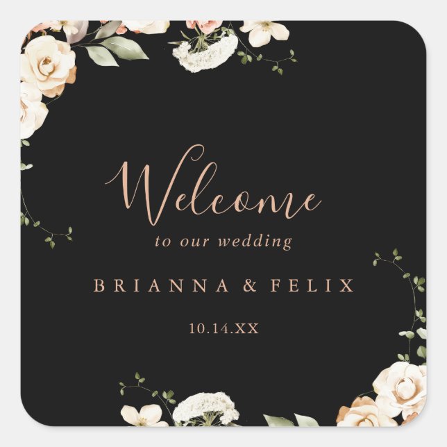 Black Formal Royal Floral Wedding Welcome Square Sticker (Front)