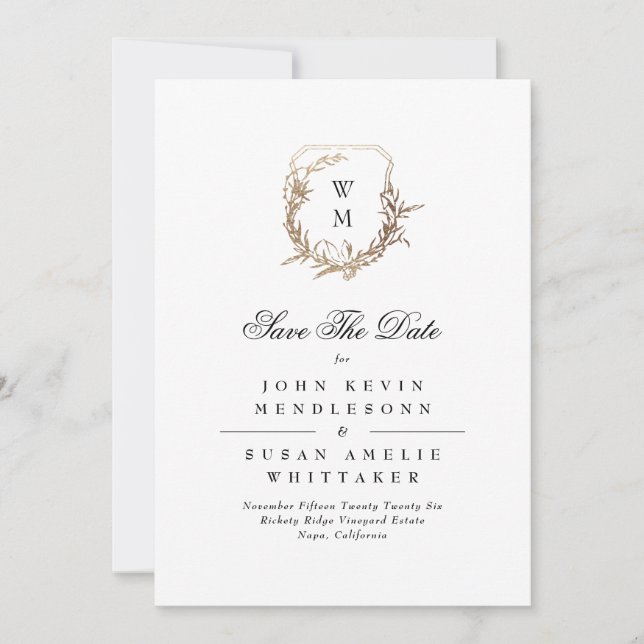 Black Formal White Monogram Gold Crest Photo Save The Date (Front)