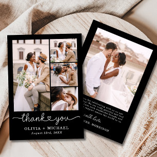 Black Four Photo Collage Script Wedding Thank You Card