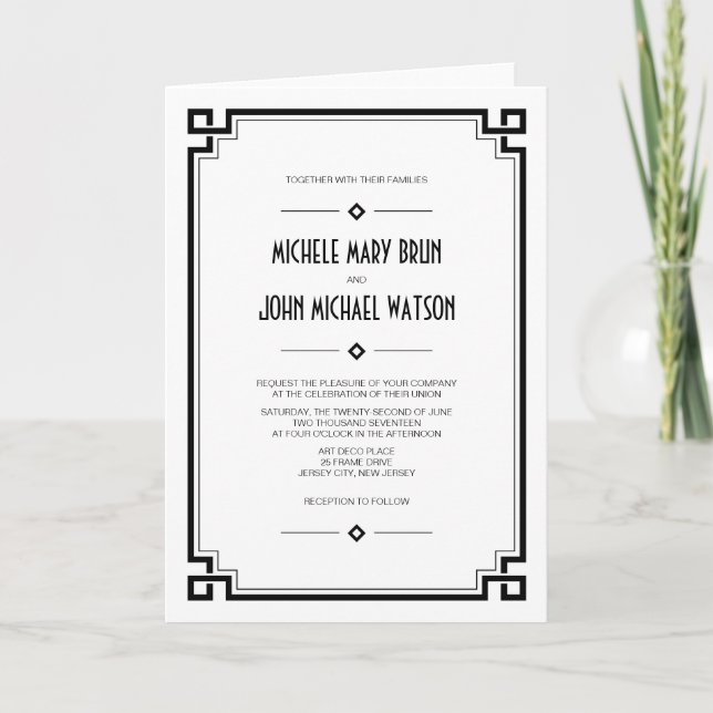 Black Frame Art Deco White Wedding Fold Invite (Front)