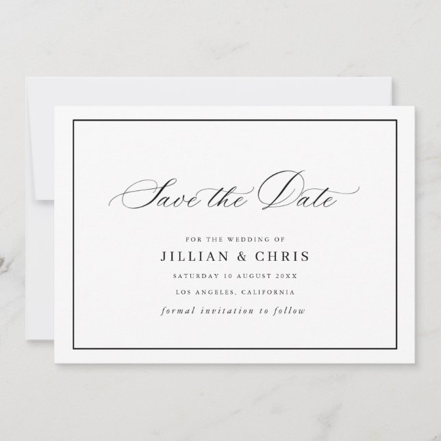 Black frame calligraphy wedding save the date card (Front)