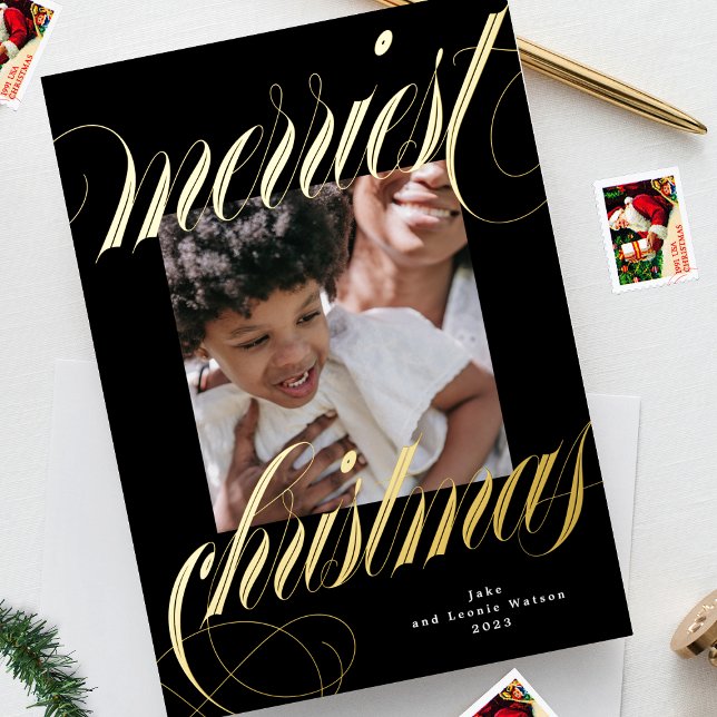 black frame christmas gold calligraphy one photo foil holiday card (Creator Uploaded)