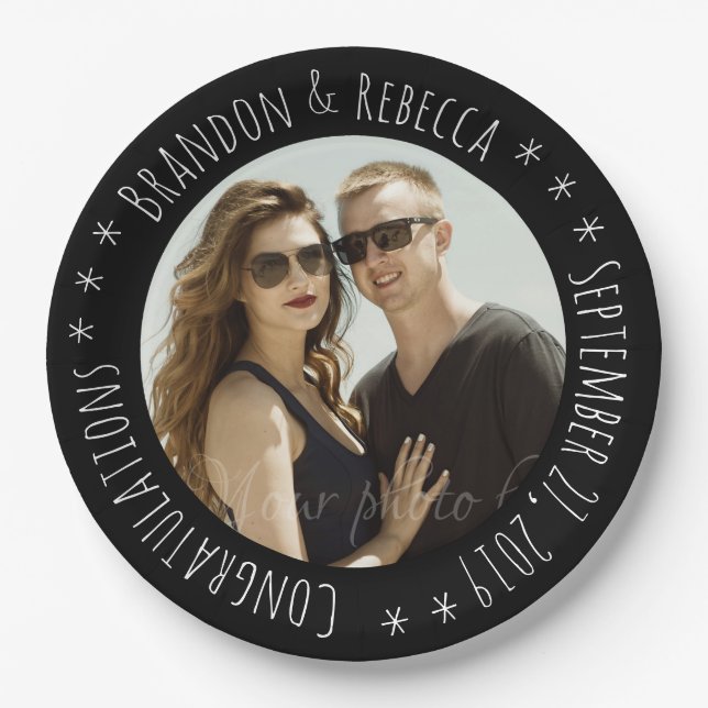 Black Frame Custom Circle Text Photo Wedding Paper Plate (Front)