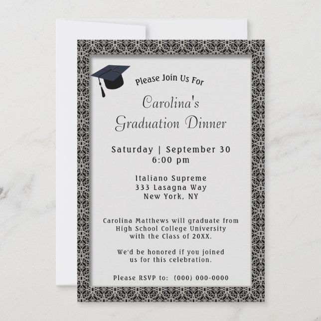 Black Frame Dinner Cap Grey Graduation Invitation (Front)