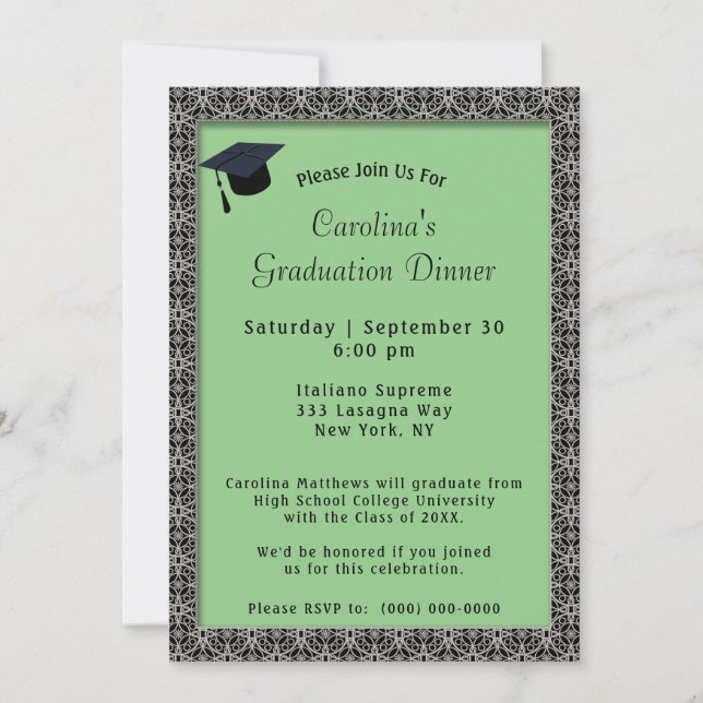 Black Frame Dinner Cap Light Green Graduation Invitation (Front)