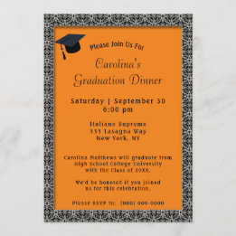 Black Frame Dinner Cap Orange Graduation Invitation