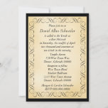 Black Frame Gold Bar Mitzvah Invitation<br><div class="desc">This is a simple, yet distinctive and classy Bar Mitzvah invitation. Your text in black is placed upon a burnished light gold background, which is framed with a vintage decorative swirl design. The entire image is bordered in dramatic black, and the back of the invitation is also black. Very formal...</div>