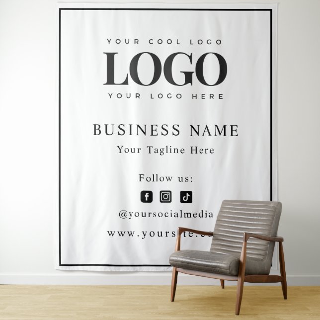 Black Frame Logo & Social Media Business Backdrop Tapestry (In Situ)