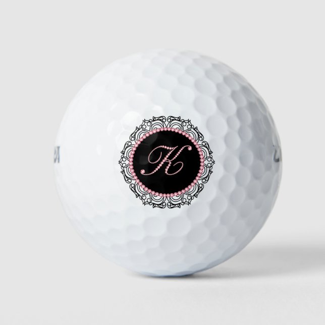 Black Frame & Pink Diamonds Letter K Golf Balls (Front)