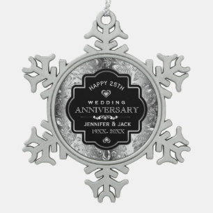 Black Frame & Silver Damask 25th Anniversary Snowflake Pewter Christmas Ornament