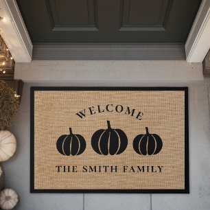 Black Frame White Pumpkins Family Name Welcome Doormat