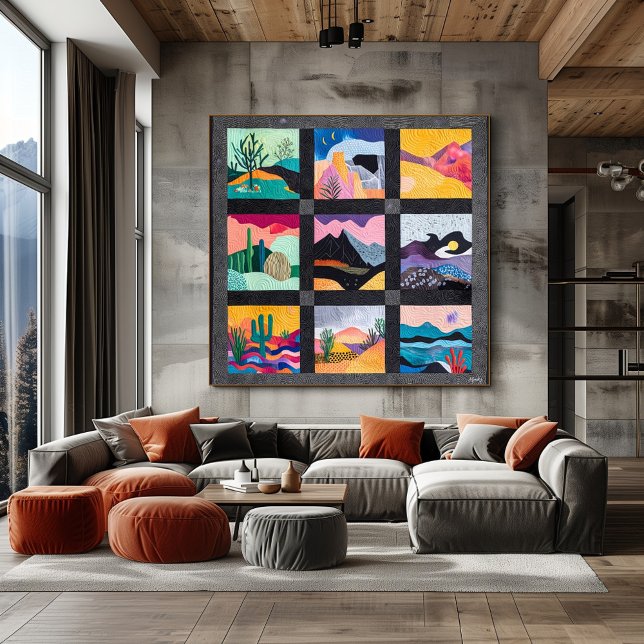 Black Framed Desert Art Grid – Vibrant Geometric Poster (Creator Uploaded)