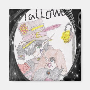 Black Framed Spooky Halloween Couple Drawing Magnet