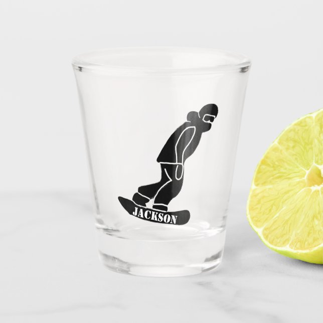 Black Freeride Snowboarder Snowboarding Stencil Shot Glass (Front)