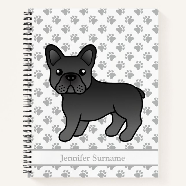 Black French Bulldog Cartoon Dog & Custom Text Notebook (Front)