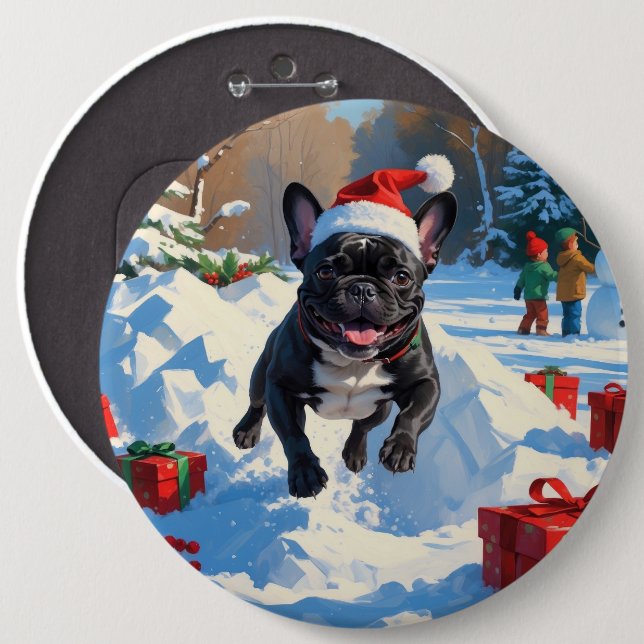 Black French Bulldog Christmas Festive Snow Scene 6 Cm Round Badge (Front & Back)