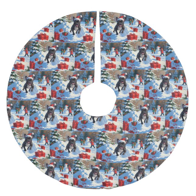 Black French Bulldog Christmas Festive Snow Scene Brushed Polyester Tree Skirt (Front)