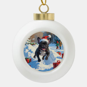 Black French Bulldog Christmas Festive Snow Scene Ceramic Ball Christmas Ornament