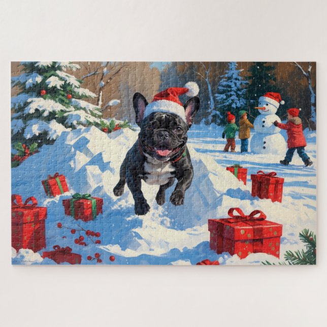 Black French Bulldog Christmas Festive Snow Scene Jigsaw Puzzle (Horizontal)