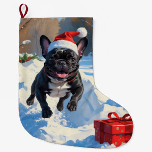 Black French Bulldog Christmas Festive Snow Scene Large Christmas Stocking